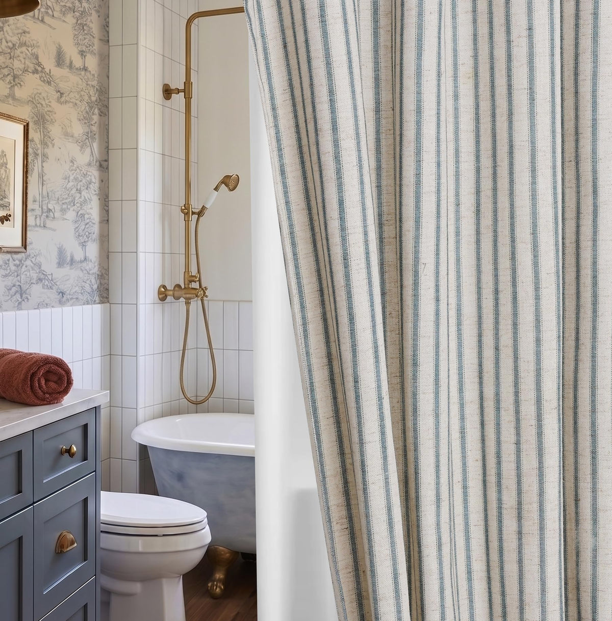 Farmhouse Striped Shower Curtain Set, Linen Blend Fabric with Detachable Polyester Liner, Breathable & Machine Washable, Rustic Sage for Bathroom Decor Standard 72" W x 72" L - Hooks Not Included
