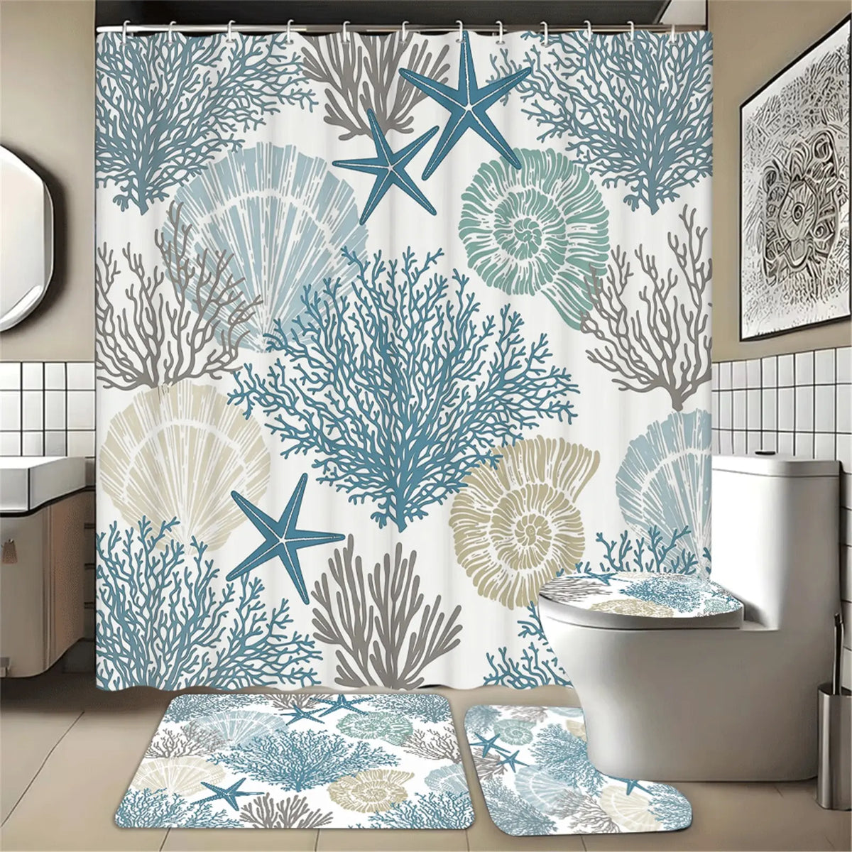 Seaside vacation style coral shell starfish pattern shower curtain, 4-piece bathroom set