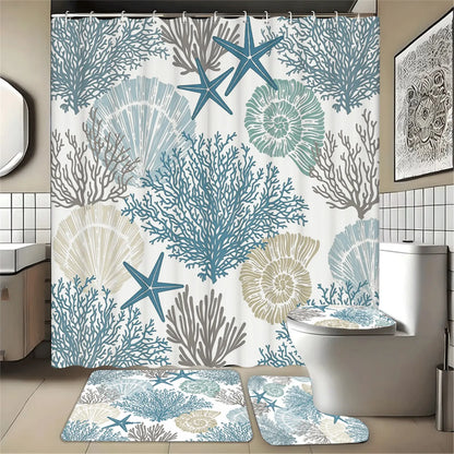 Seaside vacation style coral shell starfish pattern shower curtain, 4-piece bathroom set