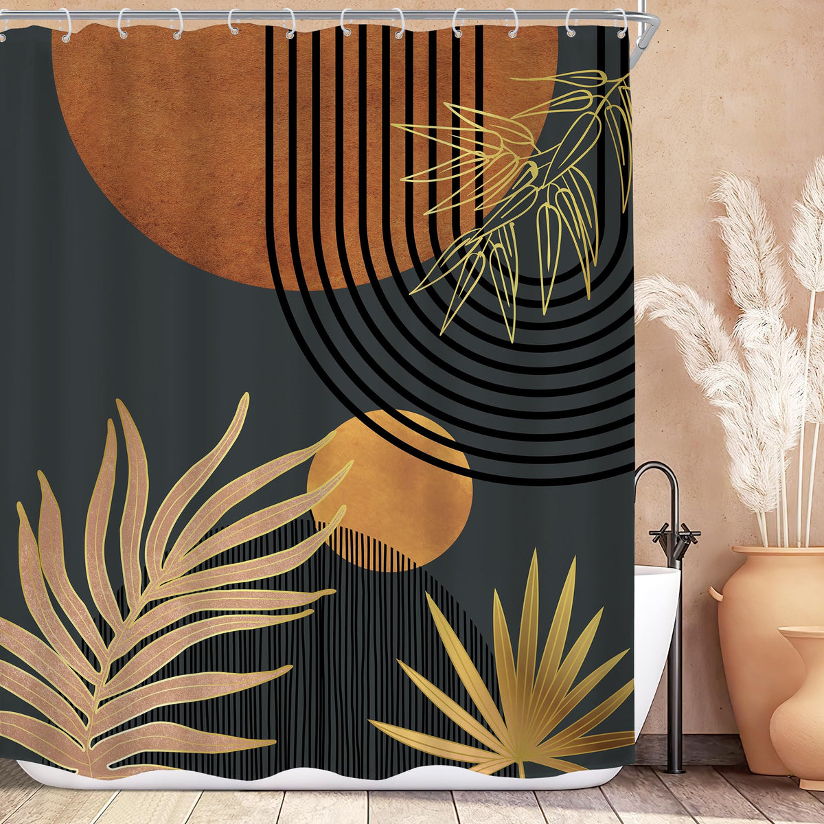 KOMLLEX Mid Century Green Boho Shower Curtain, Abstract Modern Shower Curtains for Bathroom, Plant Botanical Minimalist Leaf Arch Sun Fabric Liner Waterproof Polyester 12 Pack Hooks 60Wx72L Inches