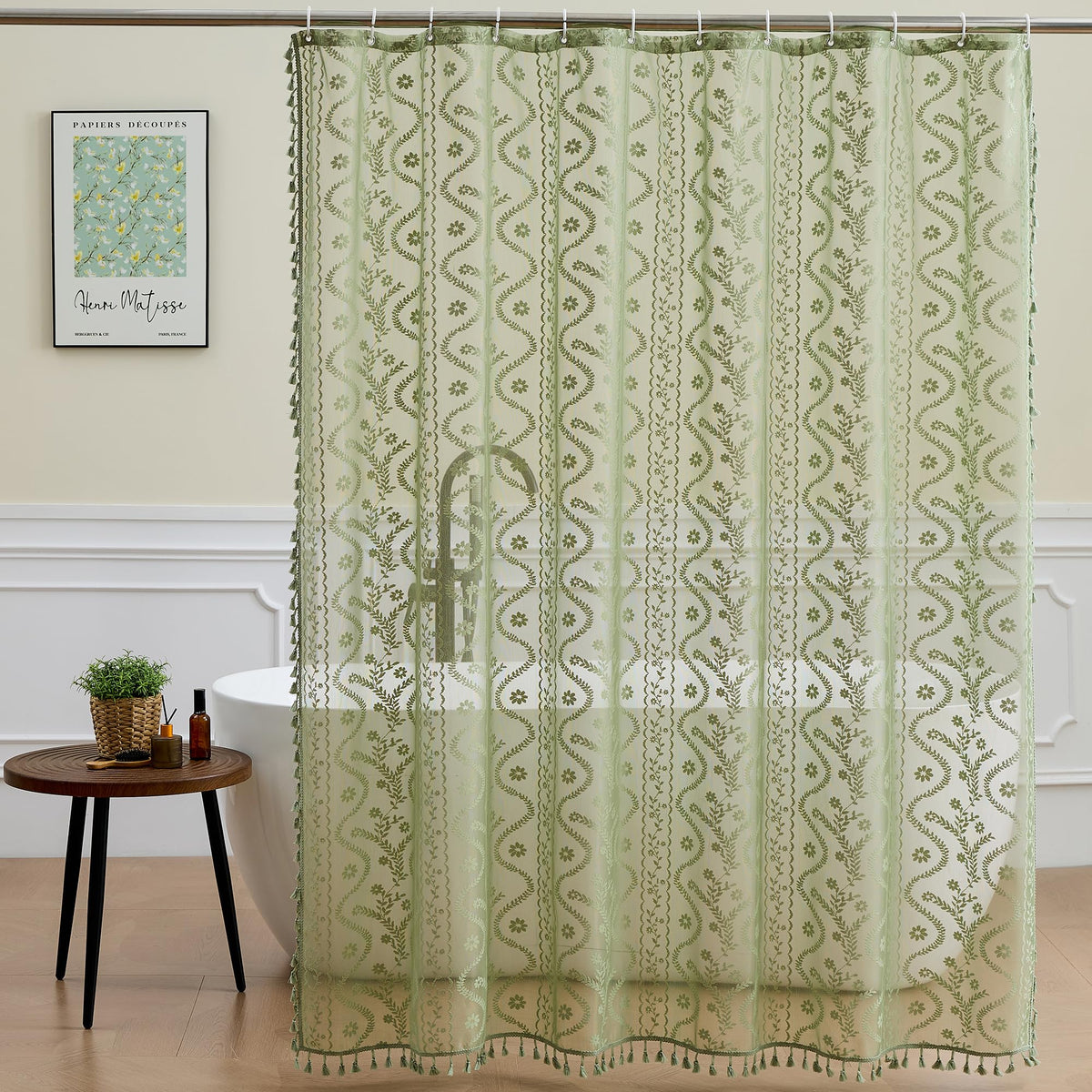 WAZZIO Dark Sage Green Lace Shower Curtain for Bathroom 72" W x 72" L, Victorian Farmhouse Floral Pattern Tassel Fancy Shower Curtain Boho Washable Cloth Decorative Bath Curtains,1 Panel