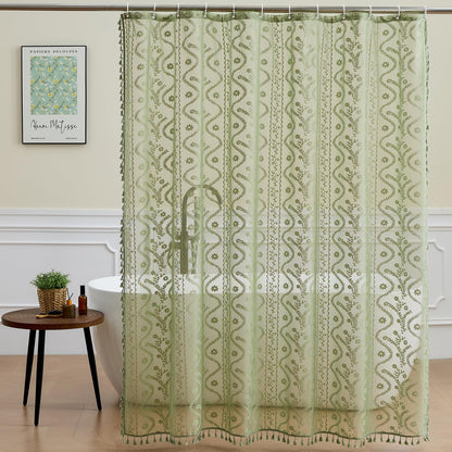 WAZZIO Dark Sage Green Lace Shower Curtain for Bathroom 72" W x 72" L, Victorian Farmhouse Floral Pattern Tassel Fancy Shower Curtain Boho Washable Cloth Decorative Bath Curtains,1 Panel