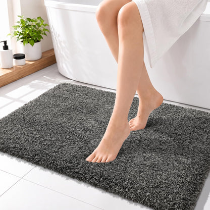 Yimobra Bathroom Rugs Non Slip Washable, Ultra Soft and Water Absorbent Bath Mats, Fluffy Shower Mat Outside, Plush Matts for Bathroom Floor/Sink, 24X17, Home Decor Accessories, Light Gray and White