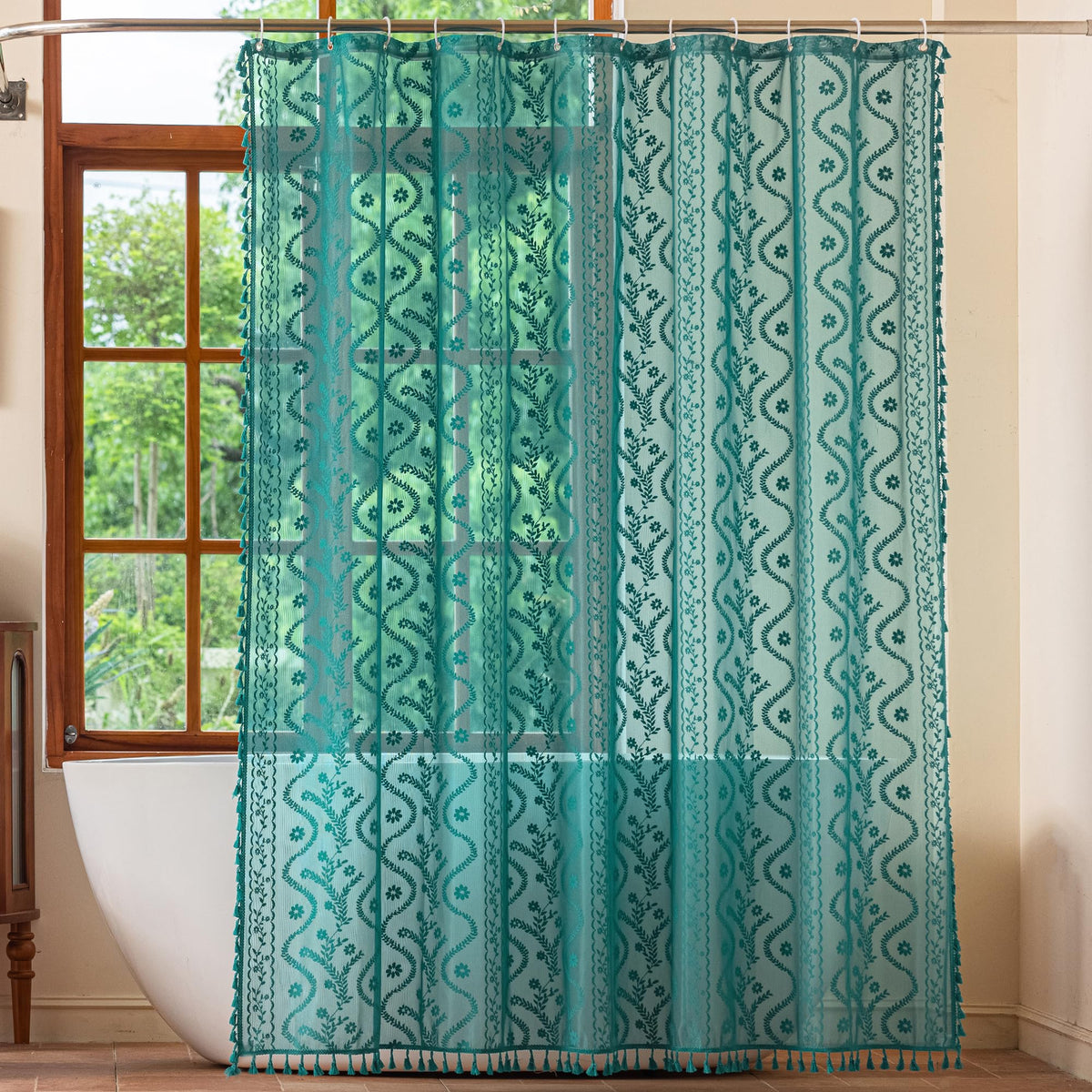 WAZZIO Dark Sage Green Lace Shower Curtain for Bathroom 72" W x 72" L, Victorian Farmhouse Floral Pattern Tassel Fancy Shower Curtain Boho Washable Cloth Decorative Bath Curtains,1 Panel