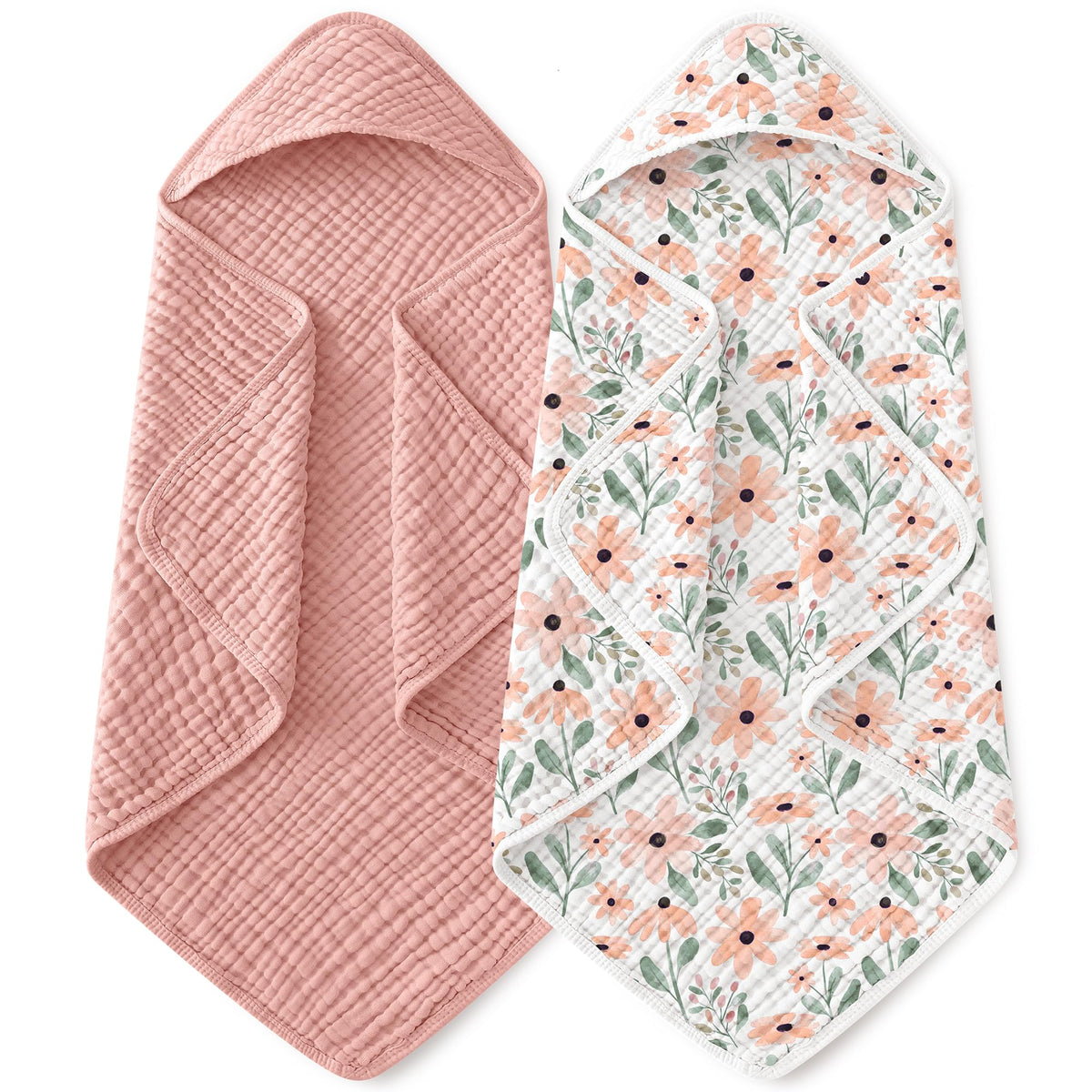 Yoofoss Hooded Baby Bath Towels 2 Pack 100% Muslin Organic Cotton with Hood
