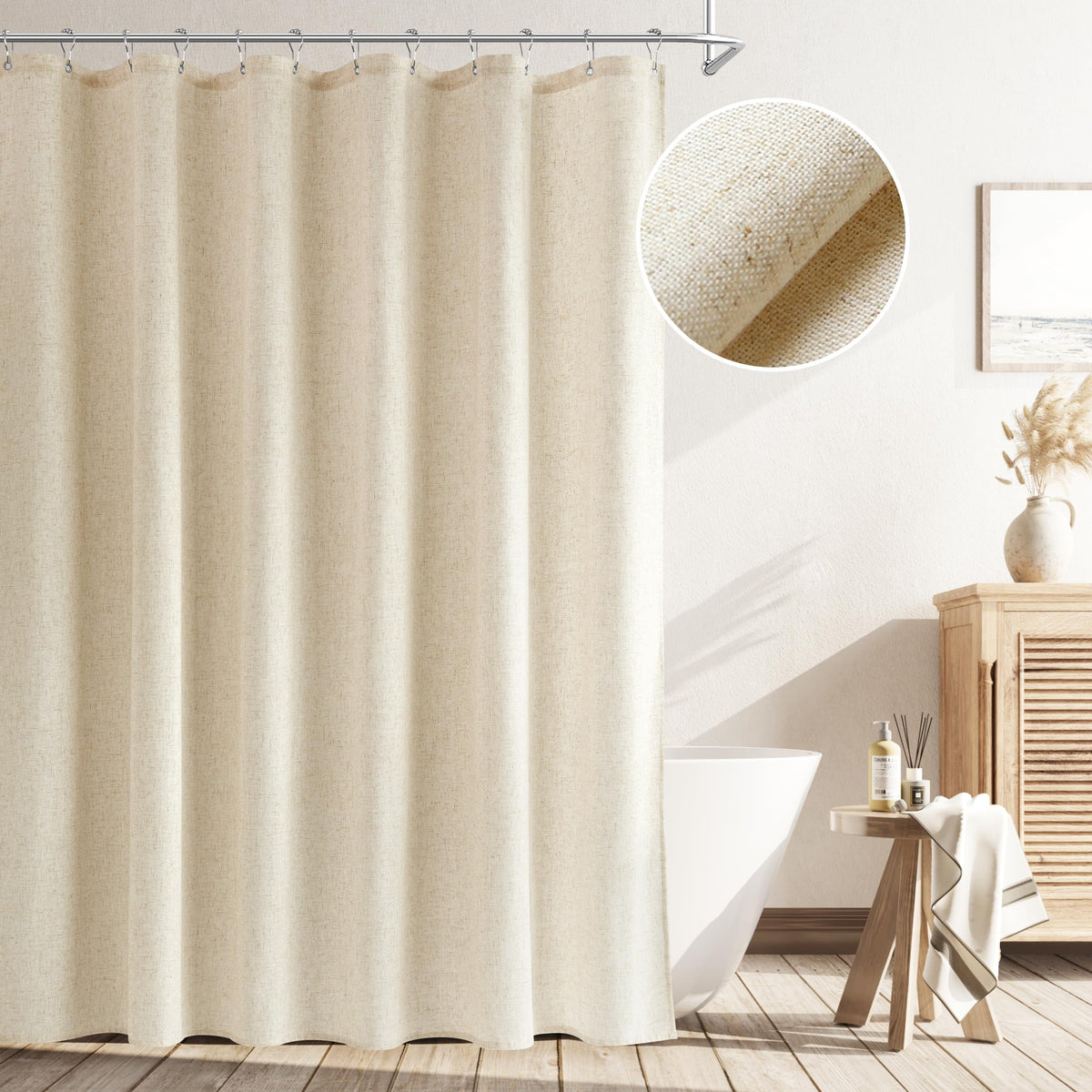 Naturoom Linen Shower Curtain 72 Inch Long for Bathroom Beige 1 Panel