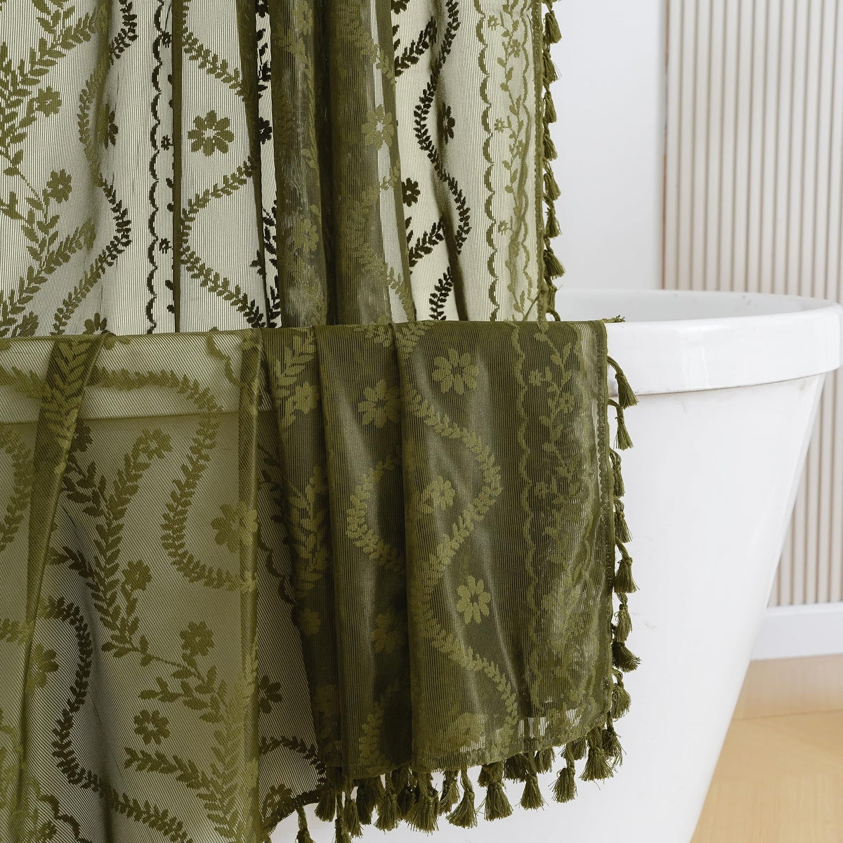 WAZZIO Dark Sage Green Lace Shower Curtain for Bathroom 72" W x 72" L, Victorian Farmhouse Floral Pattern Tassel Fancy Shower Curtain Boho Washable Cloth Decorative Bath Curtains,1 Panel