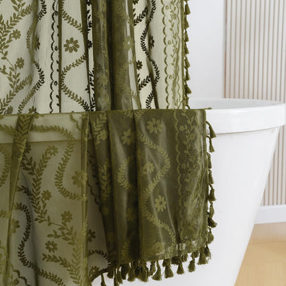 WAZZIO Dark Sage Green Lace Shower Curtain for Bathroom 72" W x 72" L, Victorian Farmhouse Floral Pattern Tassel Fancy Shower Curtain Boho Washable Cloth Decorative Bath Curtains,1 Panel