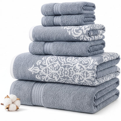 Modern Threads 6-Piece 100% Cotton Damask Medallion Towel Set, Sage