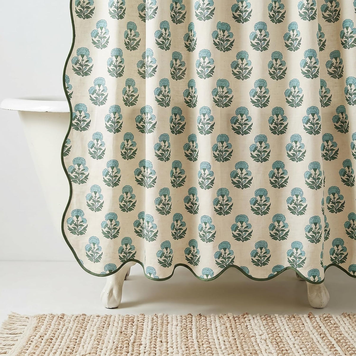 Boomkin Block Print Scalloped Shower Curtain Set with 12 Hooks
