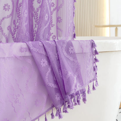 WAZZIO Dark Sage Green Lace Shower Curtain for Bathroom 72" W x 72" L, Victorian Farmhouse Floral Pattern Tassel Fancy Shower Curtain Boho Washable Cloth Decorative Bath Curtains,1 Panel