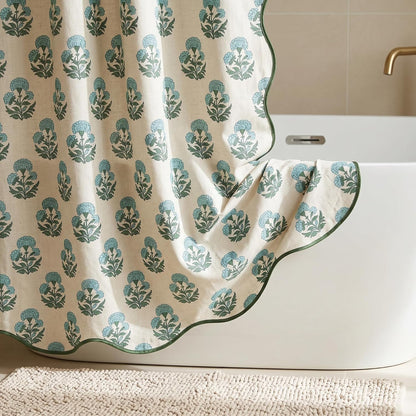 Boomkin Block Print Scalloped Shower Curtain Set with 12 Hooks