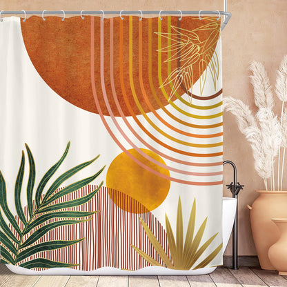 KOMLLEX Mid Century Green Boho Shower Curtain, Abstract Modern Shower Curtains for Bathroom, Plant Botanical Minimalist Leaf Arch Sun Fabric Liner Waterproof Polyester 12 Pack Hooks 60Wx72L Inches