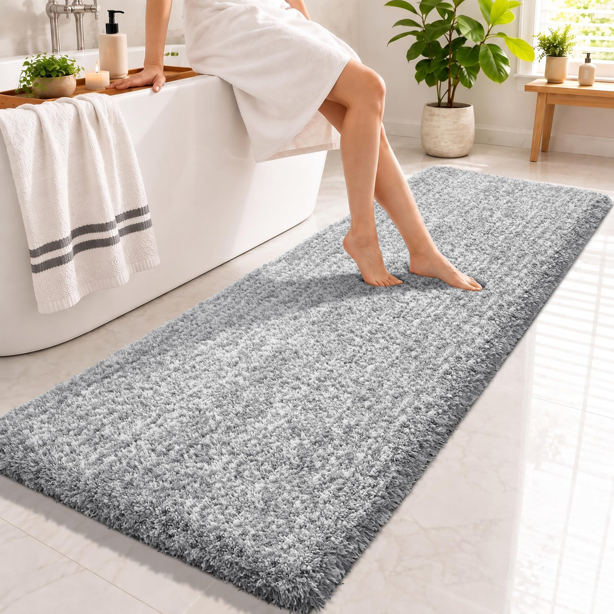 Yimobra Bathroom Rugs Non Slip Washable, Ultra Soft and Water Absorbent Bath Mats, Fluffy Shower Mat Outside, Plush Matts for Bathroom Floor/Sink, 24X17, Home Decor Accessories, Light Gray and White