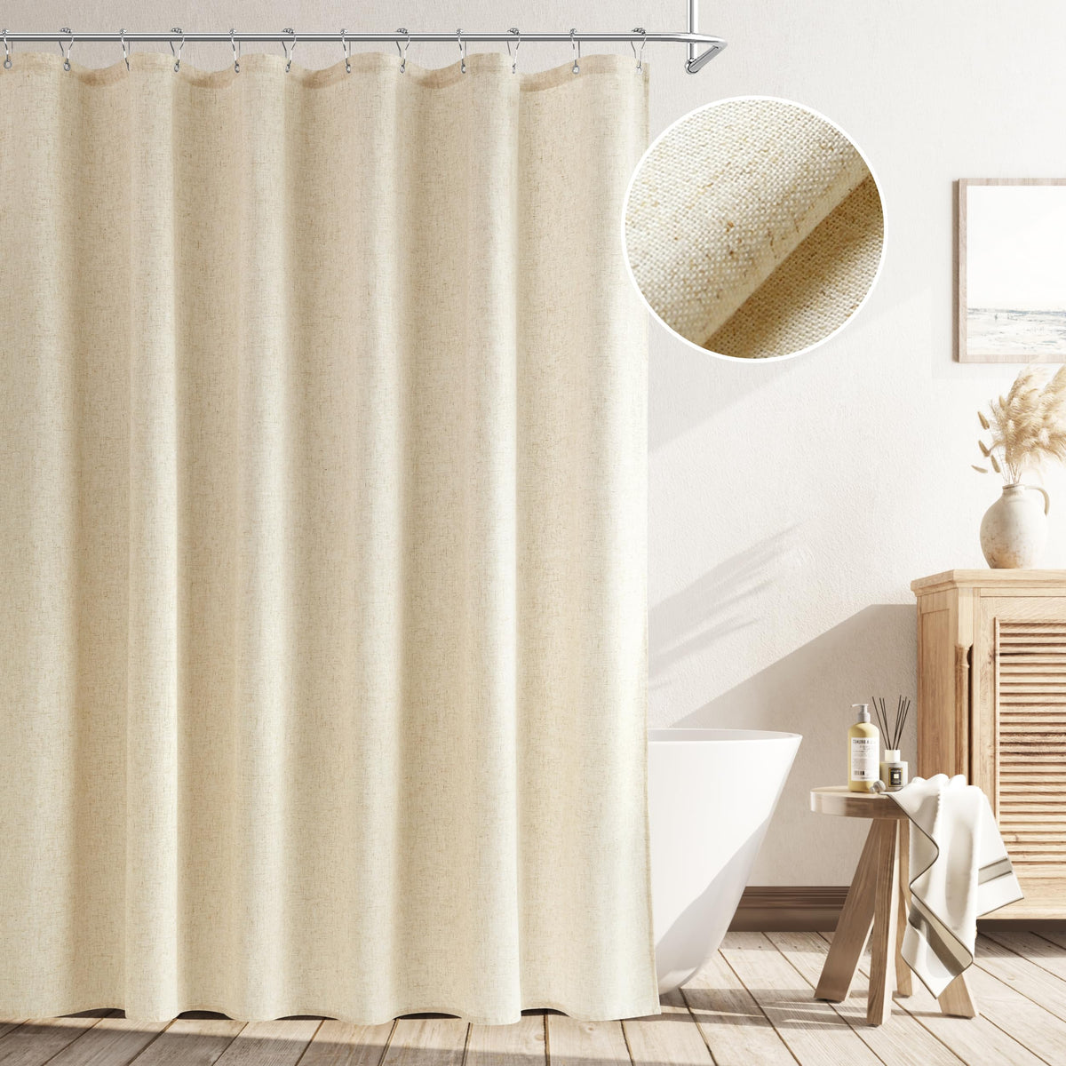 Naturoom Linen Shower Curtain 72 Inch Long for Bathroom Beige 1 Panel