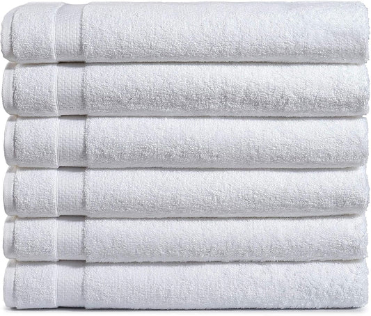 Amazon Basics 6-Pack Bath Towels, 100% Ring Spun Cotton, 600 GSM, Lightweight and Highly Absorbent, Quick Drying, Hotel Quality, 27 x 54 inches, White