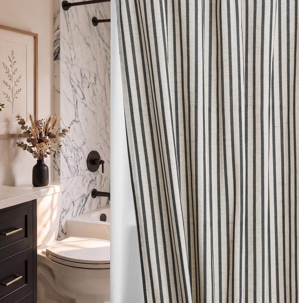 Farmhouse Striped Shower Curtain Set, Linen Blend Fabric with Detachable Polyester Liner, Breathable & Machine Washable, Rustic Sage for Bathroom Decor Standard 72" W x 72" L - Hooks Not Included