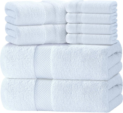 White Classic Luxury White Bath Towel Set of 8 - Soft 100% Turkish Cotton