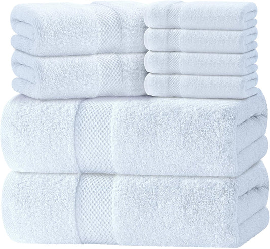 White Classic Luxury White Bath Towel Set of 8 - Soft 100% Turkish Cotton