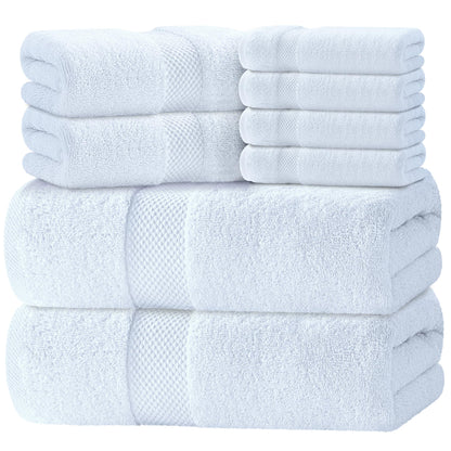 White Classic Luxury White Bath Towel Set of 8 - Soft 100% Turkish Cotton
