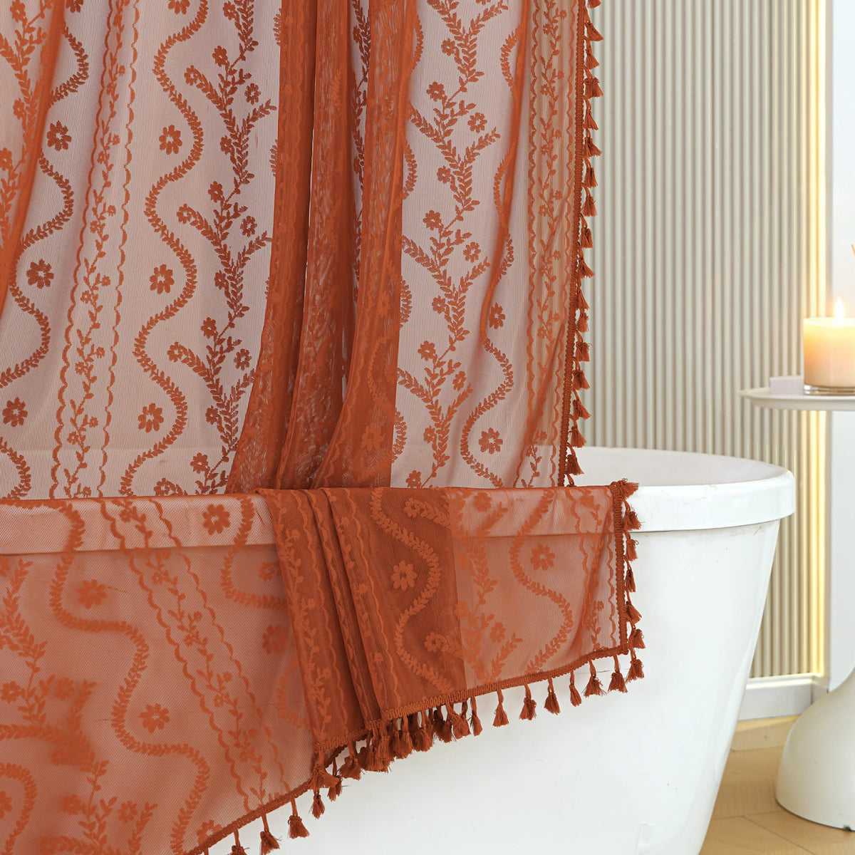 WAZZIO Dark Sage Green Lace Shower Curtain for Bathroom 72" W x 72" L, Victorian Farmhouse Floral Pattern Tassel Fancy Shower Curtain Boho Washable Cloth Decorative Bath Curtains,1 Panel