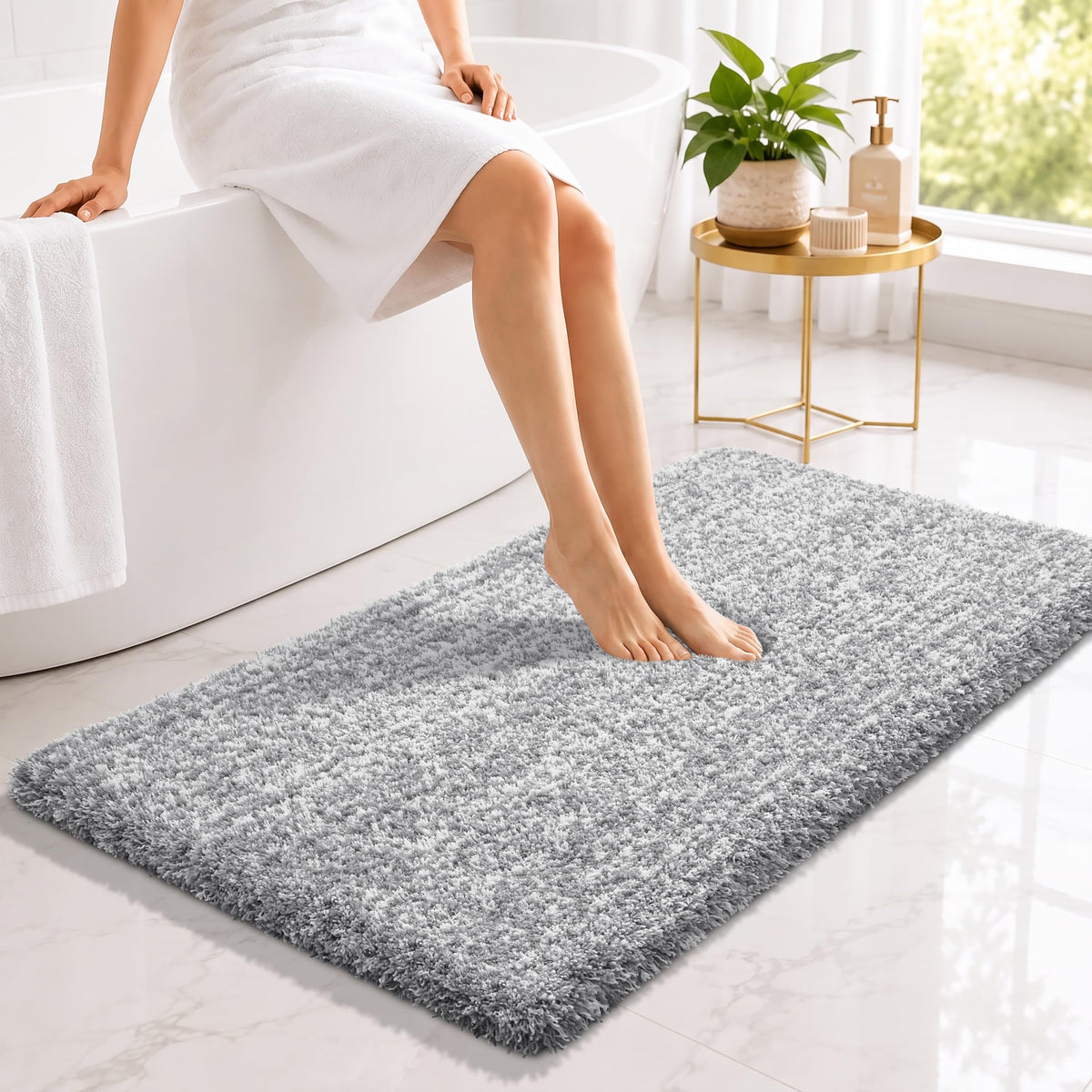 Yimobra Bathroom Rugs Non Slip Washable, Ultra Soft and Water Absorbent Bath Mats, Fluffy Shower Mat Outside, Plush Matts for Bathroom Floor/Sink, 24X17, Home Decor Accessories, Light Gray and White