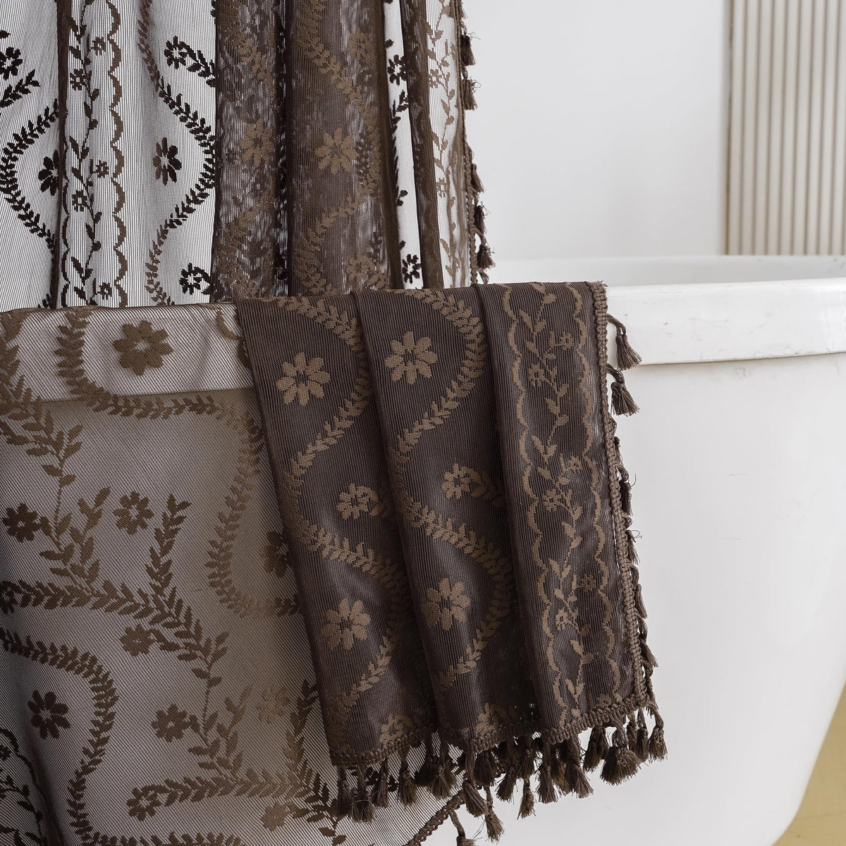 WAZZIO Dark Sage Green Lace Shower Curtain for Bathroom 72" W x 72" L, Victorian Farmhouse Floral Pattern Tassel Fancy Shower Curtain Boho Washable Cloth Decorative Bath Curtains,1 Panel