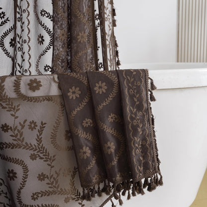 WAZZIO Dark Sage Green Lace Shower Curtain for Bathroom 72" W x 72" L, Victorian Farmhouse Floral Pattern Tassel Fancy Shower Curtain Boho Washable Cloth Decorative Bath Curtains,1 Panel