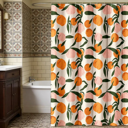 Peach & Orange Fruit Print Shower Curtain Cute with Hooks, Boho Summer Bathroom Decor, Summer Shower Curtains for Bathroom, Aesthetic Pretty Decorative Shower Curtain, Waterproof & Washable, 72 x 72 Inch