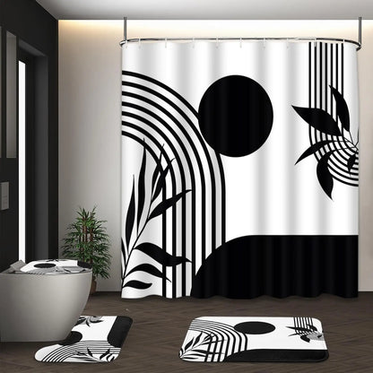 Boho Mid Century Shower Curtain Set with Toilet Lid Cover and Non-Slip Rugs, Abstract Geometric Modern Minimalist Shower Curtain for Bathroom Set with 12 Hooks
