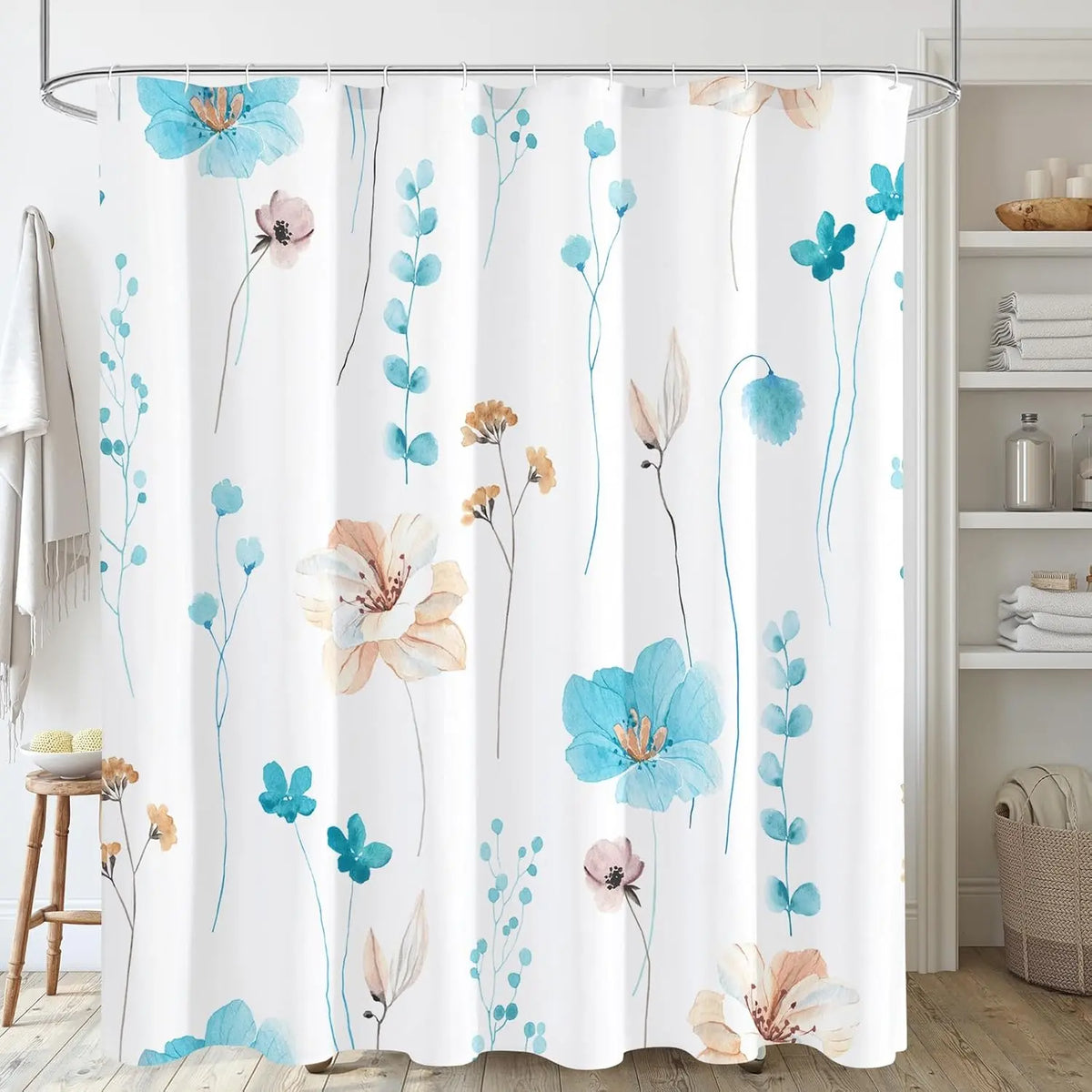 Modern Sage Green and Beige Floral Shower Curtain with Included Hooks