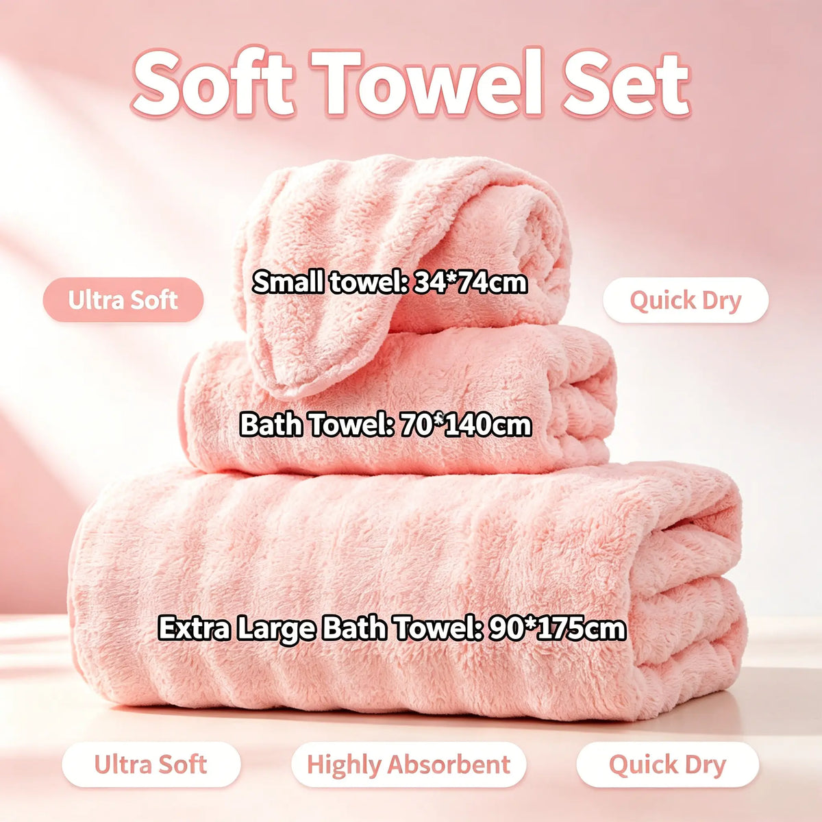 Pink Ultra-Fluffy Coral Fleece 3-Piece Set (Bath Towel, Hand Towel, Face Cloth) – Cozy, Super Absorbent, Quick-Dry, Thick, Skin-Friendly, Breathable Microfiber Bathroom Wipe Essentials for Home, Shower, Gifts (Pink Set)