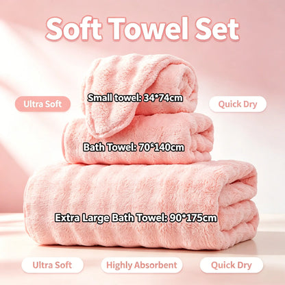 Pink Ultra-Fluffy Coral Fleece 3-Piece Set (Bath Towel, Hand Towel, Face Cloth) – Cozy, Super Absorbent, Quick-Dry, Thick, Skin-Friendly, Breathable Microfiber Bathroom Wipe Essentials for Home, Shower, Gifts (Pink Set)