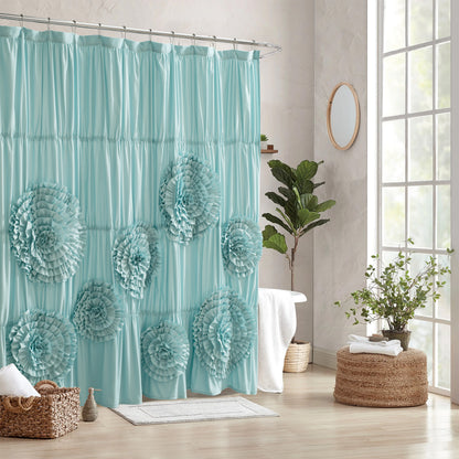 Farmhouse Ruffle Shower Curtain with Handmade 3D Flowers, Vintage Ruched Fabric Shower Curtains for Bathroom, Festive Luxury Bathroom Curtain with 12 Holes, White, 72" x 72