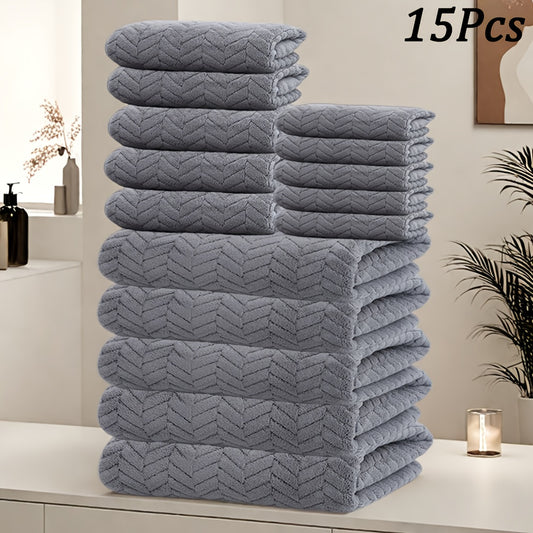 Set of 15 Bath Towels Featuring a Wheat Ear Design, Made from Microfiber for a Soft And Cozy Feel, Excellent at Absorbing Water. Ideal for Family Use, Perfect for Bathrooms, Hotels, And Saunas, Available in Multiple Colors (Includes 5 Bath Towels