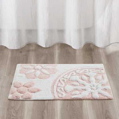 Cotton Tufted Bath Rug with Medallion Design, Plush Absorbent Bathroom Mat for Tub Shower Vanity, Machine Washable, Non-Slip Backing Recommended, 20x30 Inches, Pink