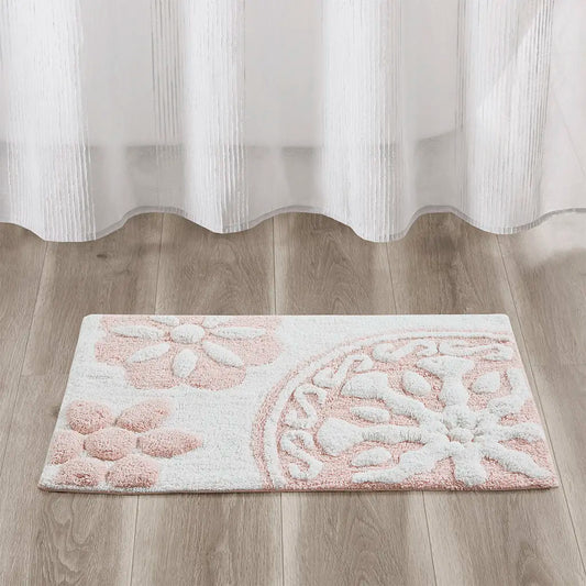 Cotton Tufted Bath Rug with Medallion Design, Plush Absorbent Bathroom Mat for Tub Shower Vanity, Machine Washable, Non-Slip Backing Recommended, 20x30 Inches, Pink