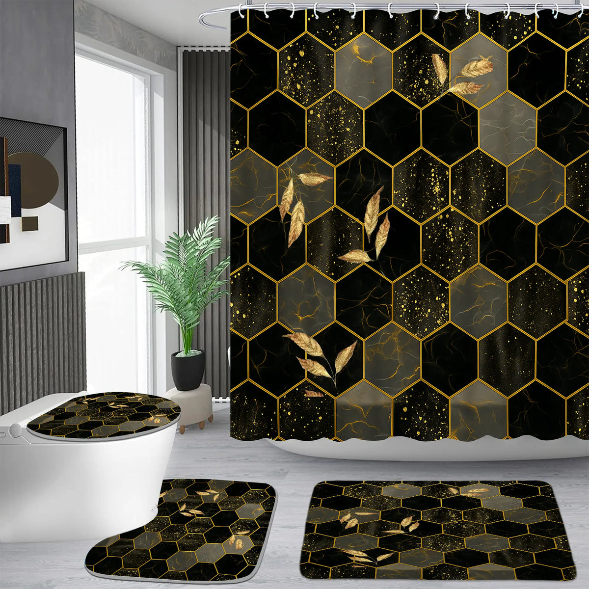 Geometric Hexagonal Black-Gold Pattern Bathroom Decor Set - Waterproof Shower Curtain with 12 Hooks, Non-Slip Bathroom Carpet, U-Shaped Toilet Cushion, Toilet Seat Cover, Ideal Moving Gift