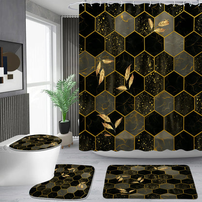 Geometric Hexagonal Black-Gold Pattern Bathroom Decor Set - Waterproof Shower Curtain with 12 Hooks, Non-Slip Bathroom Carpet, U-Shaped Toilet Cushion, Toilet Seat Cover, Ideal Moving Gift