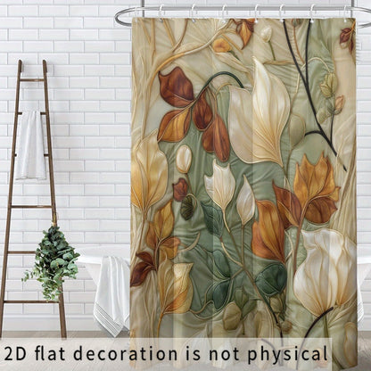 2D Flat, 2D Flat, 2D Flat Shower Curtain 1pc, Artistic Leaf Print Shower Curtain with Hooks - Yellow-Green Brown Plant Pattern, Durable Polyester Fabric, Machine Washable, Multi-Size for Bathtub And Bathroom Decor, All-Season Home Decor