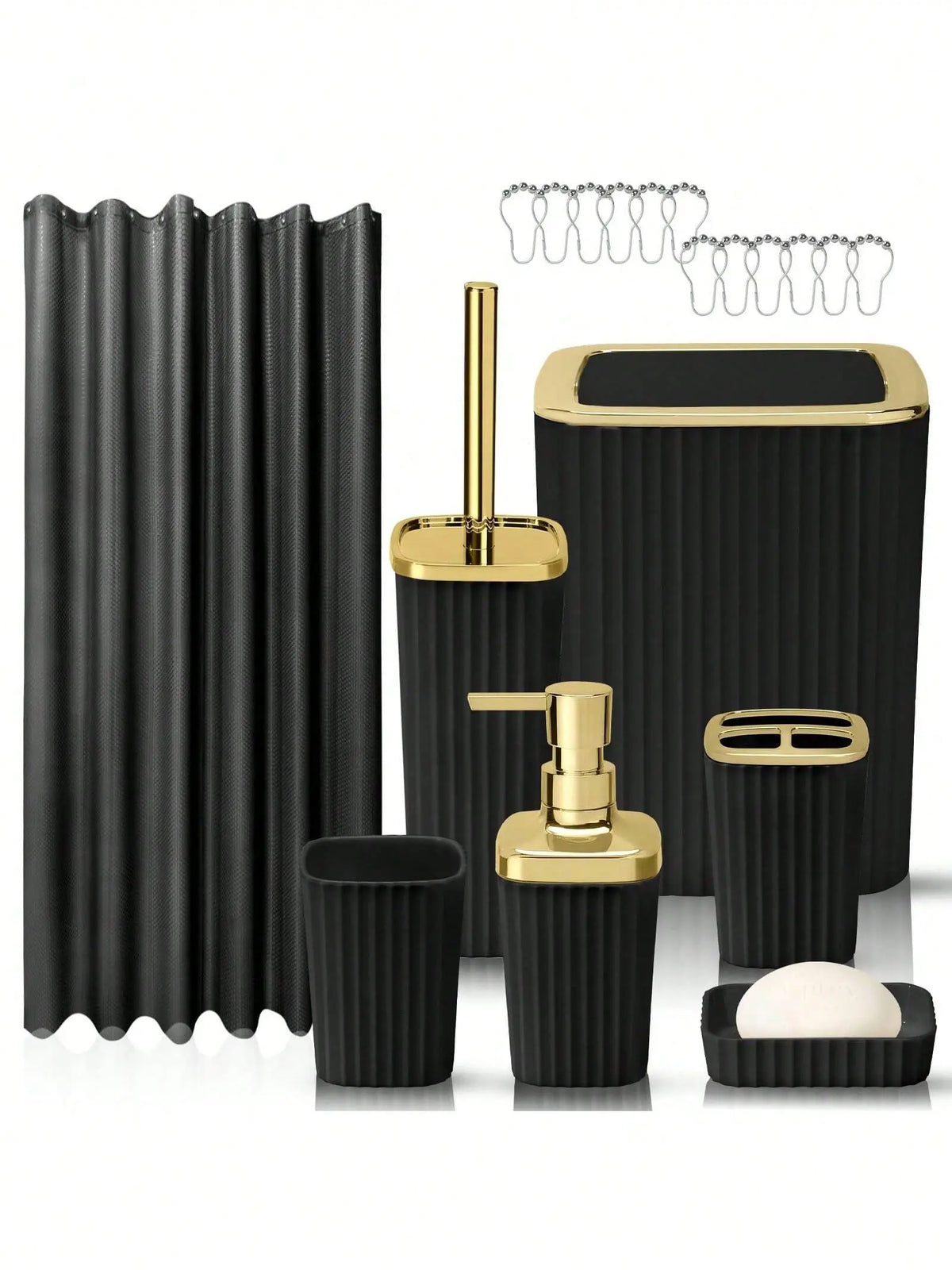 Contemporary Black/White 8pcs Bathroom Accessory Set - Shower Curtains, Rugs, Soap Dispenser, Soap Bar Dish, Toilet Brush Holder, Hook, Wipe, Toothbrush Holder for Moving or Vacation Gifts