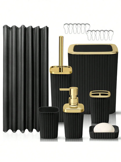 Contemporary Black/White 8pcs Bathroom Accessory Set - Shower Curtains, Rugs, Soap Dispenser, Soap Bar Dish, Toilet Brush Holder, Hook, Wipe, Toothbrush Holder for Moving or Vacation Gifts