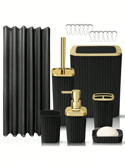 Contemporary Black/White 8pcs Bathroom Accessory Set - Shower Curtains, Rugs, Soap Dispenser, Soap Bar Dish, Toilet Brush Holder, Hook, Wipe, Toothbrush Holder for Moving or Vacation Gifts