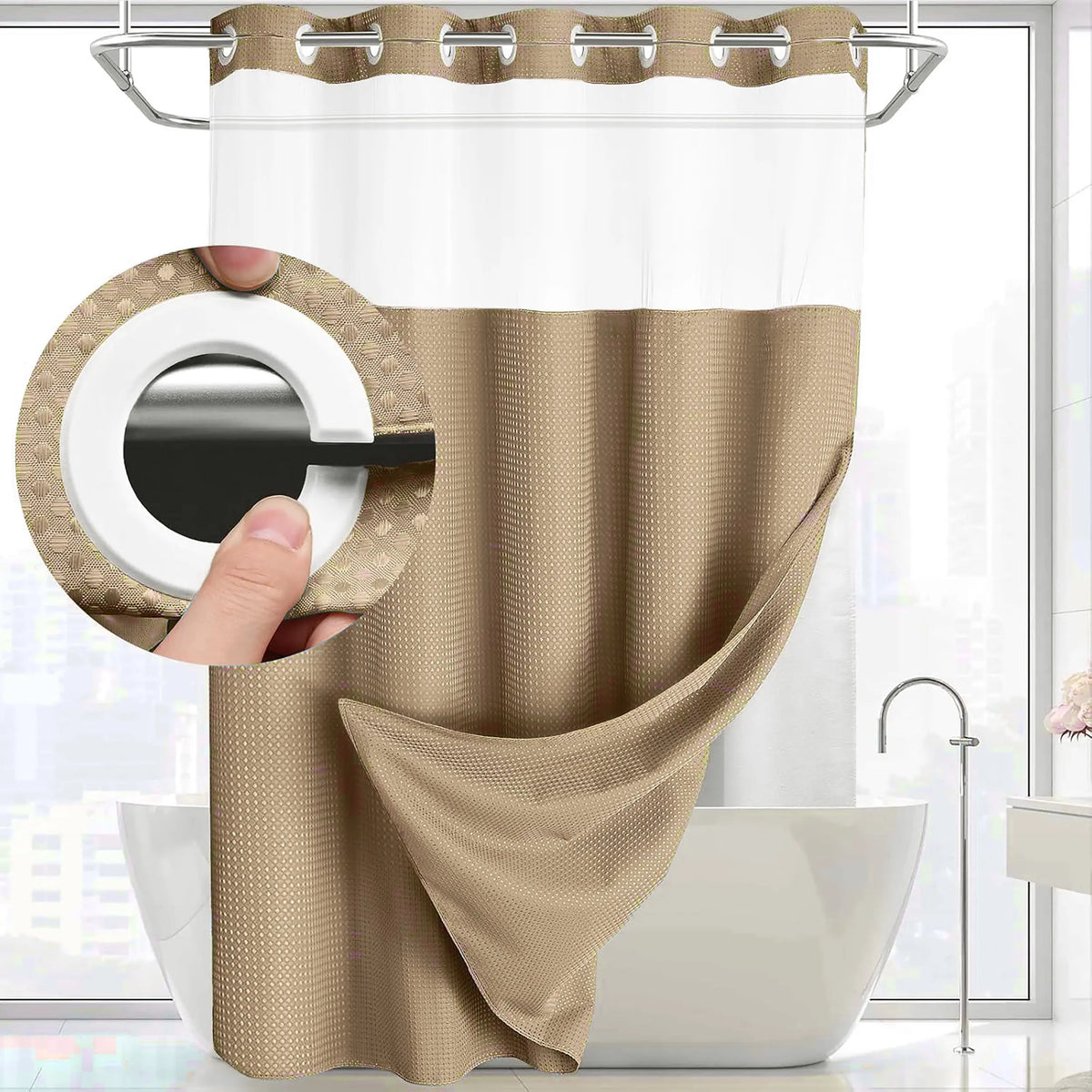 Hookless Shower Curtain and Liner Set - Snap-In Hooks, Plastic Fast-Dry Fabric, Waffle Pattern, Waterproof, Mildew-Blocking, Modern Aesthetic Home Bathroom Accessory