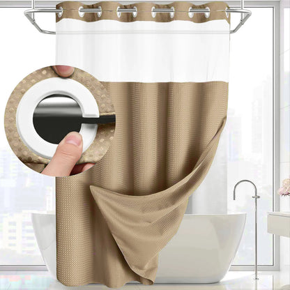 Hookless Shower Curtain and Liner Set - Snap-In Hooks, Plastic Fast-Dry Fabric, Waffle Pattern, Waterproof, Mildew-Blocking, Modern Aesthetic Home Bathroom Accessory