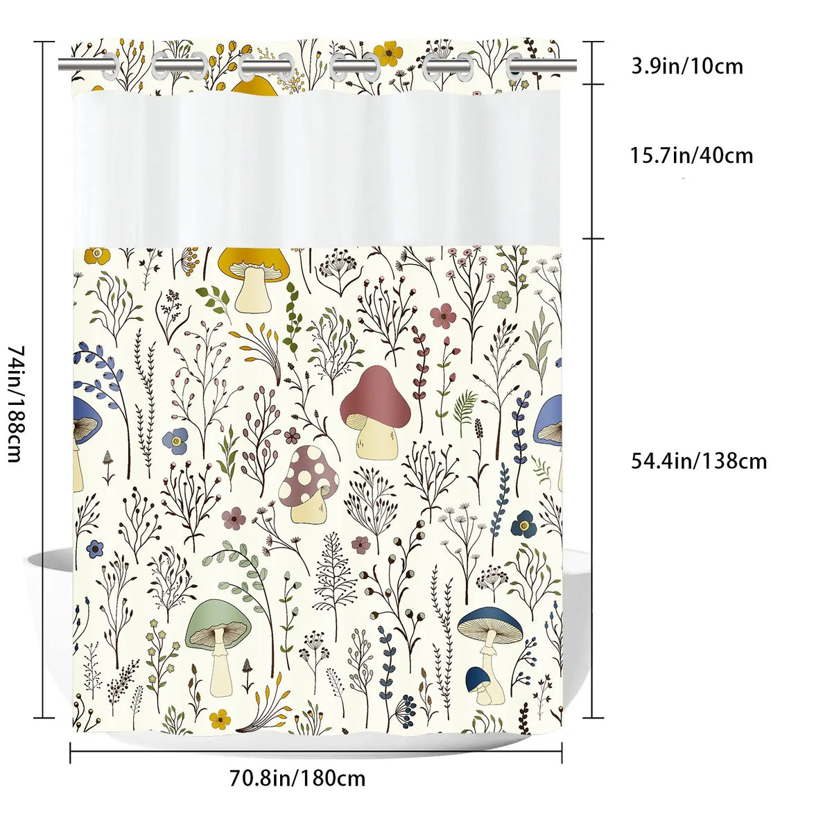 LVRLVR 1pc Boho Mushroom Floral Print Decorative Printed Shower Curtain with Sheer Top Window, Detachable Liner & No Hook C-Ring, Shower Curtain No Hooks, Hookless, 70.8" x 74"