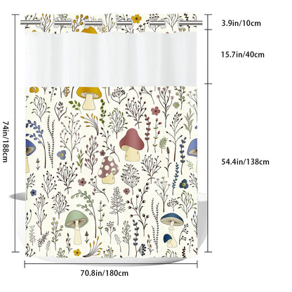 LVRLVR 1pc Boho Mushroom Floral Print Decorative Printed Shower Curtain with Sheer Top Window, Detachable Liner & No Hook C-Ring, Shower Curtain No Hooks, Hookless, 70.8" x 74"