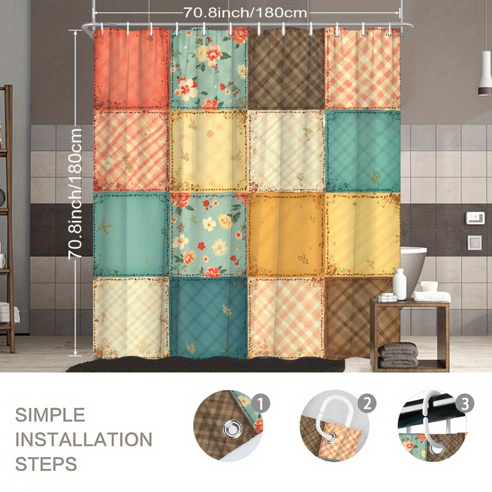 1pc Patchwork Shower Curtain with 16 Square Patches - Floral Plaid And Striped Designs, Durable Polyester Fabric, Machine Washable, 70.8X70.8 Inch Bathroom Decor with 12 Hooks, Shower Curtain for Bathrooms, Easy Maintenance, Home Decoration, Modern