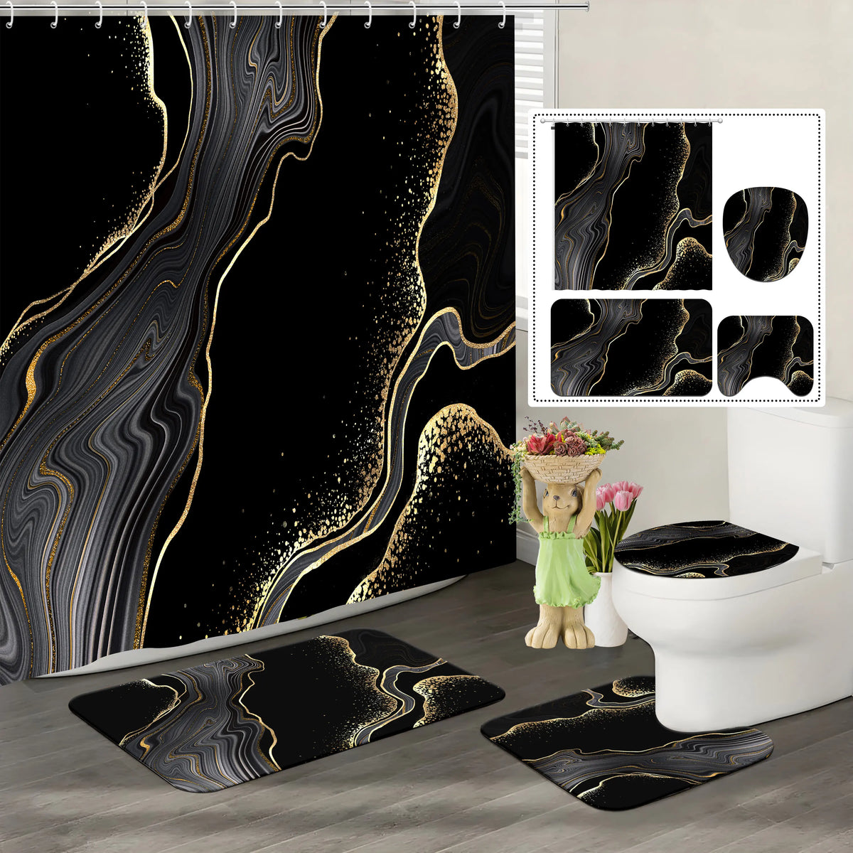 72"x72" Black Marble Polyester Shower Curtain 4-Piece Set - Glam, Water-Resistant, Gold Accents, Rugs, Toilet Lid Cover, Geometric Modern Bathroom Decor, Shower Curtains & Decoration Accessories