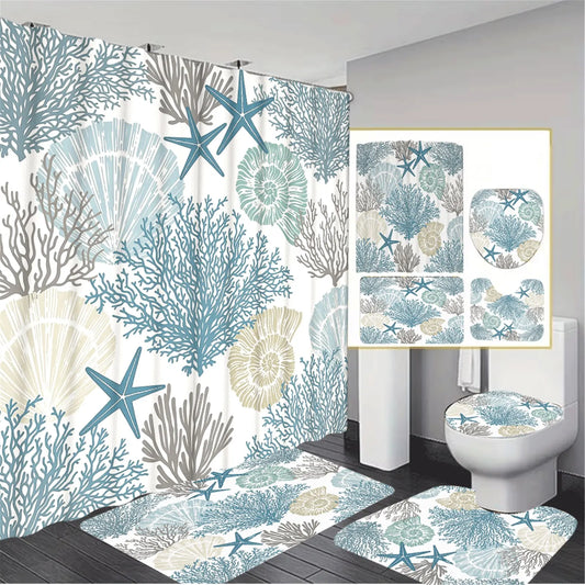 Seaside vacation style coral shell starfish pattern shower curtain, 4-piece bathroom set